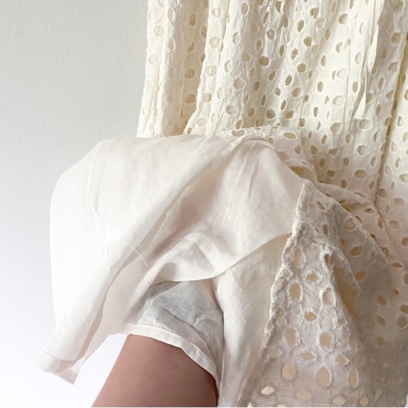 Oak Fort Eyelet Midi Dress Short Puff Sleeve Open Tie Back Gathered Front White - Picture 6 of 11